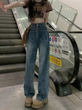 themeisles Retro Blue Distressed Korean Version High-waisted High-straight Design Loose Jeans