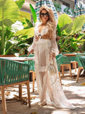Sexy Deep V-neck Cut Out Long Sleeve Maxi Dress Long White Lace Tunic Party Women Clothes  Summer Beach Dress