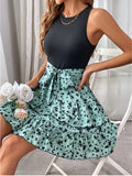 Back to School Fashion Summer  Women's Floral Print Boho Beach Dress Knitted Elastic Sleeveless Vest elegant Women Slim mini Dress