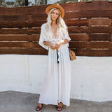 Sexy Hollow Out White  Summer Dress Beach Tunic Women Beachwear Long Sleeve Front Open Self Belted Maxi Dresses Q964