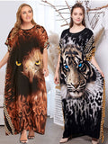 Elegant Tiger Printed Long Dreen  Women Summer Tassel Batwing Sleeve Dress Beach Wear Long Robe De Plage A925