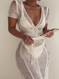 Women Dress Sets Sexy Hollow Out Knitted Two Piece Sets  Summer Short Sleeve Cropped Tops with Tassel Long Skirts Y2K Suits
