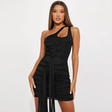 New Solid Color Sexy One-shoulder Strap Skinny High-waisted Hip Wrap Bodycon Dress Fringed Irregular Mini Dresses