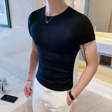 Momentlover -  Summer New Men Fitness Short Sleeve Leisure Round Collar Slim Fit T-shirts Male Fashion Korean Solid Color Tops Shirts L18