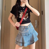 themeisles Lazy Skirt Harajuku Simple And Versatile Trend Women Ins Solid Color New A-type Midskirt High Waist Literary Denim Skirt