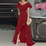 Summer Sexy V Neck High Waist Female Prom Dresses Women Elegant Irregular Ruffles Vintage Evening Party Solid Long Dress