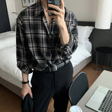 Momentlover  -  Men Casual Plaid Shirts Single Breasted Long Sleeve Loose Blouse Male Korean Chic Streetwear Fashion All-match Outwear BF