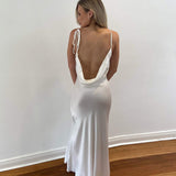 Sexy Spaghetti Strap Metal Zipper Back Open Satin Maxi Dress Long White Tunic Women Summer Clothes Elegant Party Dresses A1335