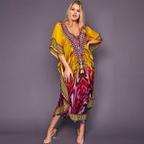 Quick-Drying Bohemian Printed Loose Summer Beach Dress Moroccan Kaftan Women Plus Size Beachwear Tassel Midi Dress Q897
