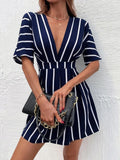 Back to School  Summer Dresses for Women Casual Long Women's Striped Print Wrap V Neck Short Sleeve A Daytime Dresses Women Casual