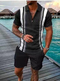 Momentlover Men's Polo Suit Fashion Men Sets Mens Solid Color Summer V-neck Zipper Short Sleeve POLO Shirt+Shorts Two Pieces Men Casual Suit
