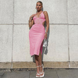 Fall outfits Knitted Cut Out Halter Sexy Backless Summer Beach Dress for Women Elegant Outfits Bandage Slit Dresses Bodycon New