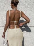 Fall outfits Knitted Cut Out Halter Sexy Backless Summer Beach Dress for Women Elegant Outfits Bandage Slit Dresses Bodycon New