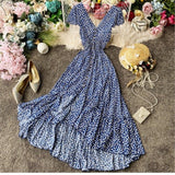Bohemian Printed Blue Backless Sexy Summer Floral Beach Vacation Dress Female V-Neck Irregular Vestidos
