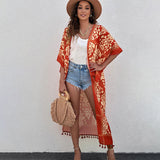 Printed Fringed Long Kimono Dress Bikini Wrap Cover-Ups Plus Size Women Summer Clothes Beach Wear Swim Suit Cover Up A1098