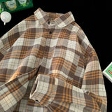 Momentlover  -  Korean Street Plaid Shirt Coat Men's Long Sleeve Turn Down Collar Casual Shirts Vintage College Style Unisex Fashion Clothing