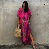 Printed V-Neck Batwing Sleeve Side Split Loose Dress For Women Clothes Plus Size Beachwear Maxi Dress Q1218