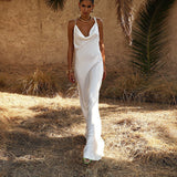 Sexy Spaghetti Strap Metal Zipper Back Open Satin Maxi Dress Long White Tunic Women Summer Clothes Elegant Party Dresses A1335