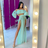 Women Mesh Sheer Bikini Cover-Ups Set See-Through Long Sleeve Crop Tops And Cover Up Skirts Two Piece Swimwear Beach Dresses