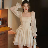Hotsweet Women Dress Slim A-LINE Princess Sleeves Korean Empire Square Collar Chiffon Flounced Edge Solid Pullover Sexy Dress