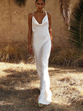 Sexy Spaghetti Strap Metal Zipper Back Open Satin Maxi Dress Long White Tunic Women Summer Clothes Elegant Party Dresses A1335