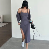 Spaghetti Strap Dresses and cardigan for Women Summer Sexy Sleeveless Split Sheath Dress Solid Color Bodycon Dress SS039