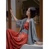 retro chinese improved ancient hanfu style loose coat long printed dress two pieces set for women daily hanfu dress g926