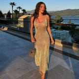 Bright Silk Midi Dress For Women  Straps Backless Slim Party Dress Summer Sleeveless Bodycon Dress Evening Outfits