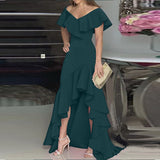 Summer Sexy V Neck High Waist Female Prom Dresses Women Elegant Irregular Ruffles Vintage Evening Party Solid Long Dress