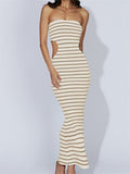 Women Tube Dress Strapless Off Shoulder Cutout Solid Color/Striped Print Knitted Long Dress Summer Beach Vestido