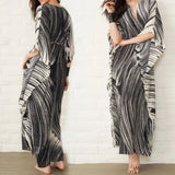 Elegant Quick-Drying Striped V-Neck Self Belted Summer Beach Dress Black Cotton Tunic Plus Size Women Beachwear Kaftan Q941