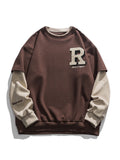 Momentlover Vintage Flocked Letter Fake Two Patchwork Hoodie Pullover Harajuku Sweatshirts Men Hip Hop Streetwear Loose Casual Tops