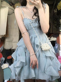 Blue Strap Mini Dress Women Korea Clothing Fashion Suits Casual 2 Piece Dress Set Female Kawaill Elegant Party Dress Summer