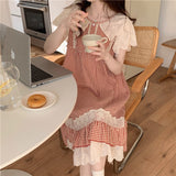 themeisles Plaid Retro Elegant Casual NightDress Soft Ruffles Sweet Simple Summer O-Neck Princess Long Sleepwear Cotton Lace Short sleeve