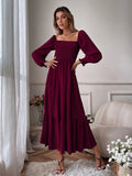 Back to School Vintage Square Neck Midi Dress Long Sleeve Ruffle A Line Robe High Waist Elasticity Commuter Office Lady Casual Long Dresses