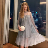 Geuxml  Mesh Beach Dresses Women Sequined Korean Style Princess Fairy Dress Elegant Vestido Feminino Sweet College Female Popular