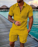 Momentlover Men's Polo Suit Fashion Men Sets Mens Solid Color Summer V-neck Zipper Short Sleeve POLO Shirt+Shorts Two Pieces Men Casual Suit