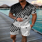 Momentlover Men's Polo Suit Fashion Men Sets Mens Solid Color Summer V-neck Zipper Short Sleeve POLO Shirt+Shorts Two Pieces Men Casual Suit