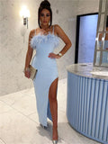 women Evening Party Bodycon Sexy Straps Fur Maxi Split Dress Elegant Sleeveless Backless Long Dresses Female Casual Dress