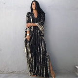 Printed V-Neck Batwing Sleeve Side Split Loose Dress For Women Clothes Plus Size Beachwear Maxi Dress Q1218