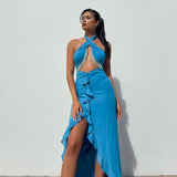 Halter Tassel Sexy Dress Women Maxi Solid Hollow Split Backless Ruffles Bodycon Coquette Party Stretch Skinny Outfit
