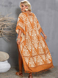 Printed Fringed Long Kimono Dress Bikini Wrap Cover-Ups Plus Size Women Summer Clothes Beach Wear Swim Suit Cover Up A1098