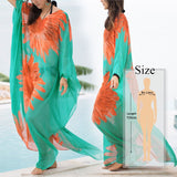 Blue Bohemian Embroidered Batwing Sleeve Side Split Summer Beach Dress Chiffon Tunic Women Plus Size Beachwear Kaftan Q746