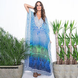Solid Plus Size Long Kaftan Casual V-Neck Robe Summer Batwing Sleeve Woman Clothing Side Split Beachwear Maxi Dress Q1383
