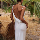 Sexy Spaghetti Strap Metal Zipper Back Open Satin Maxi Dress Long White Tunic Women Summer Clothes Elegant Party Dresses A1335