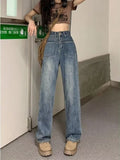 themeisles Retro Blue Distressed Korean Version High-waisted High-straight Design Loose Jeans