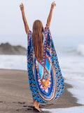 Printed Summer Holiday Dress Blue Tunic Women Beach Wear Kaftan V-Neck Bats Sleeve Maxi Dress Robe Q956