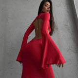 vmtvr Open Back Sexy Split Maxi Dress Elegant Outfits for Women Chic Flare Sleeve Party Club Fashion Red Dresses Vestido