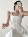 themeisles Korean Straps Midi Dress for Women  New Fashion Elegant Square Collar Sleeveless White Dress Chic Fairycore Vintage Dresses