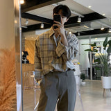 Momentlover  -  Men Casual Plaid Shirts Single Breasted Long Sleeve Loose Blouse Male Korean Chic Streetwear Fashion All-match Outwear BF
